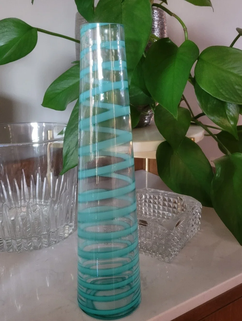 Mid-Century Modern Pair Bud Vases Art Glass  Turquoise Blue Spiral 12'' & 10'' H